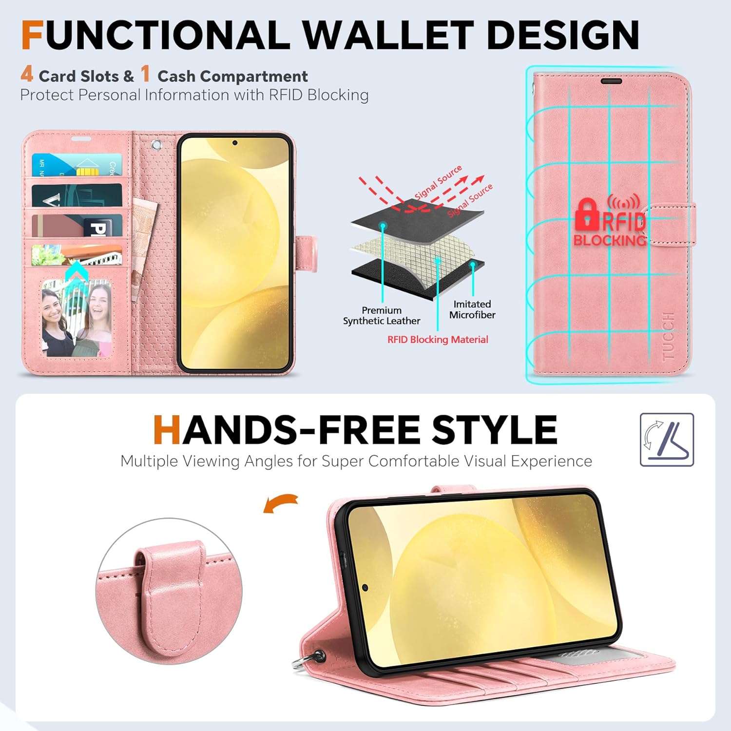 TUCCH Case for Galaxy S25 Plus, [Detachable] Wrist Strap Magnetic PU Leather Wallet Case with RFID Blocking [Wireless Charging] 4 Card Slot Stand Removable Cover for Galaxy S25 Plus 6.7", Rose Gold