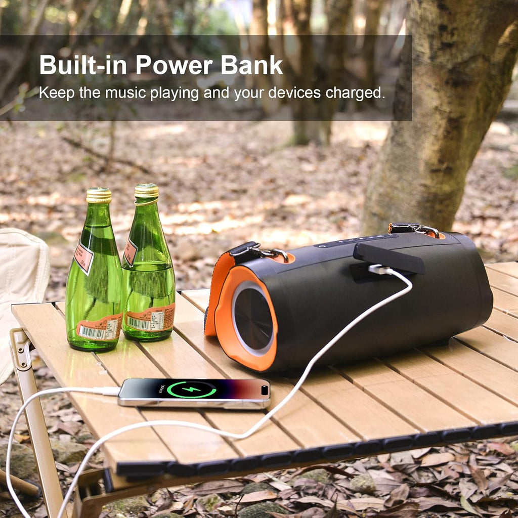 DOSS Extreme Boom Pro D100 Bluetooth Speaker with 140W Peak, 70W Bold Sound, Extra Bass, 24H Playtime, Beat-Sync Lights, Built-in Power Bank, IPX6 Waterproof, Portable Strap for Hiking, Camping-Orange