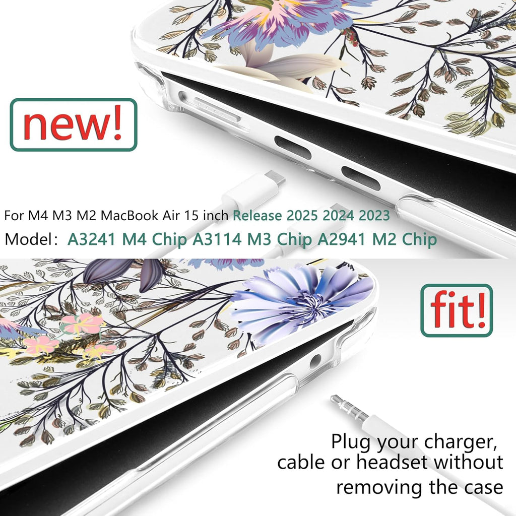 TWOLSKOO Compatible with M4 MacBook Air 15 inch Case 2025-2023 Released Model M4 A3241 M3 A3114 M2 A2941, Plastic Hard Shell & Screen Protector & Keyboard Cover & Type C Adapter, Garden Flower