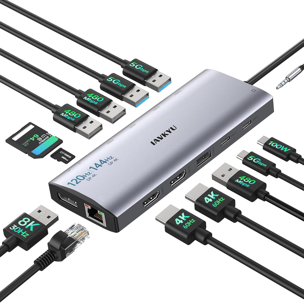 Triple Monitor Docking Station, 14-in-1 USB C Hub with DP 8K@30Hz/4K@144Hz, Dual HDMI 4K@60Hz, 100W PD, 7 USB Ports, SD/TF Card Reader, Gigabit Ethernet for MacBook & Windows Laptop