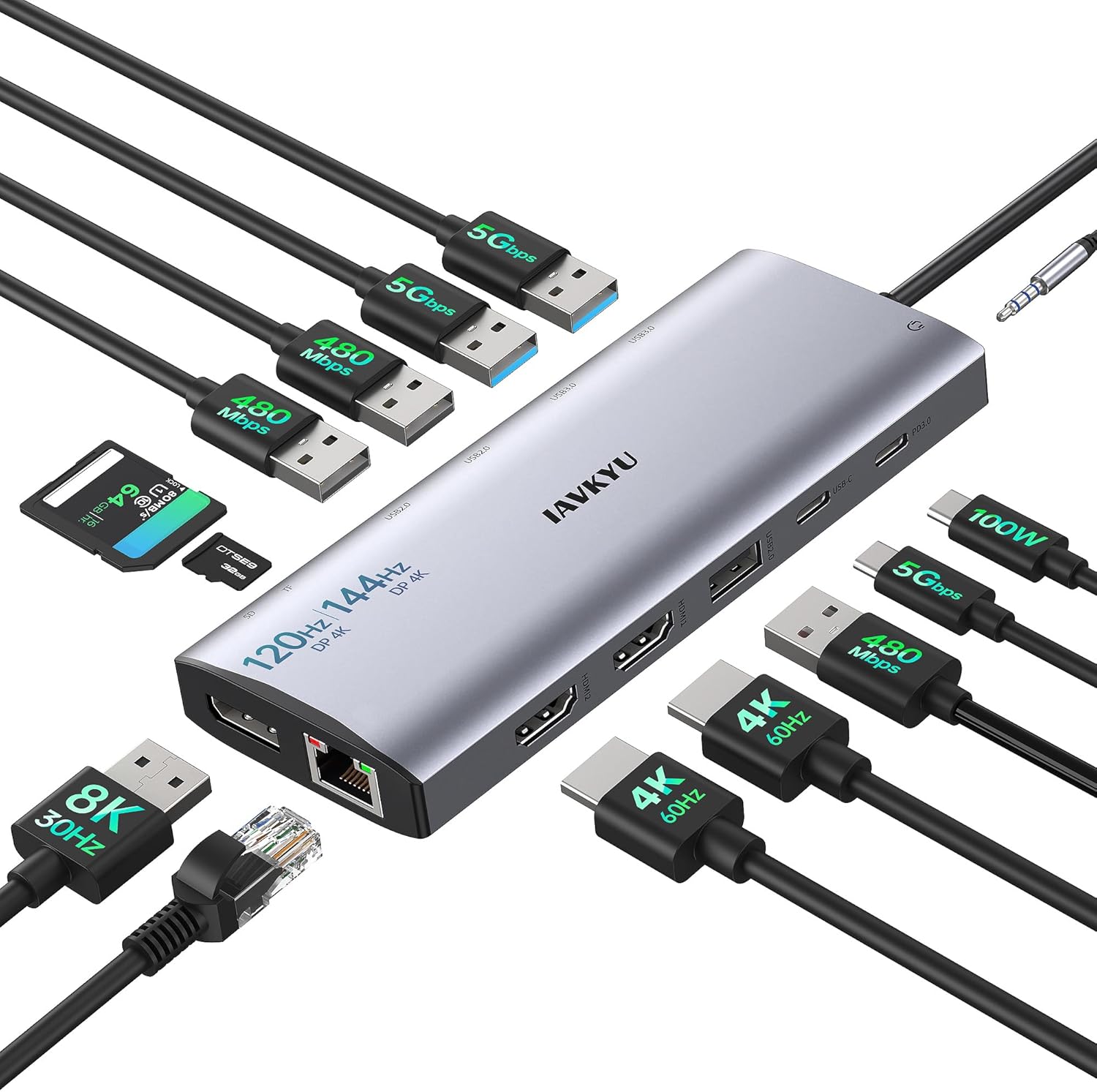Triple Monitor Docking Station, 14-in-1 USB C Hub with DP 8K@30Hz/4K@144Hz, Dual HDMI 4K@60Hz, 100W PD, 7 USB Ports, SD/TF Card Reader, Gigabit Ethernet for MacBook & Windows Laptop