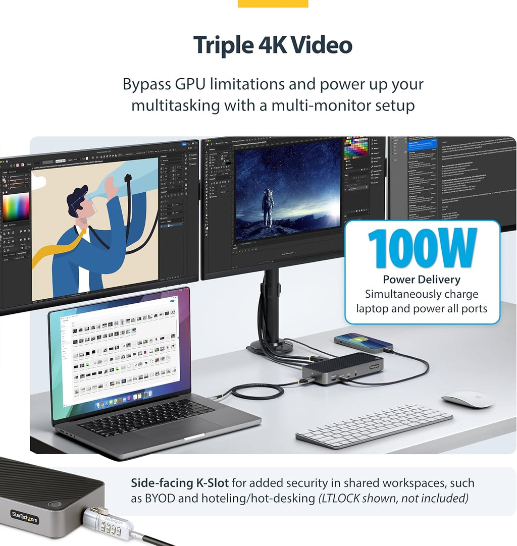 StarTech.com USB-C Triple Monitor Docking Station for MacBook Pro / Air M1 M2 M3 M4 & Windows, Universal 4K HDMI DP Dock, Thunderbolt Compatible, 100W Laptop Charging