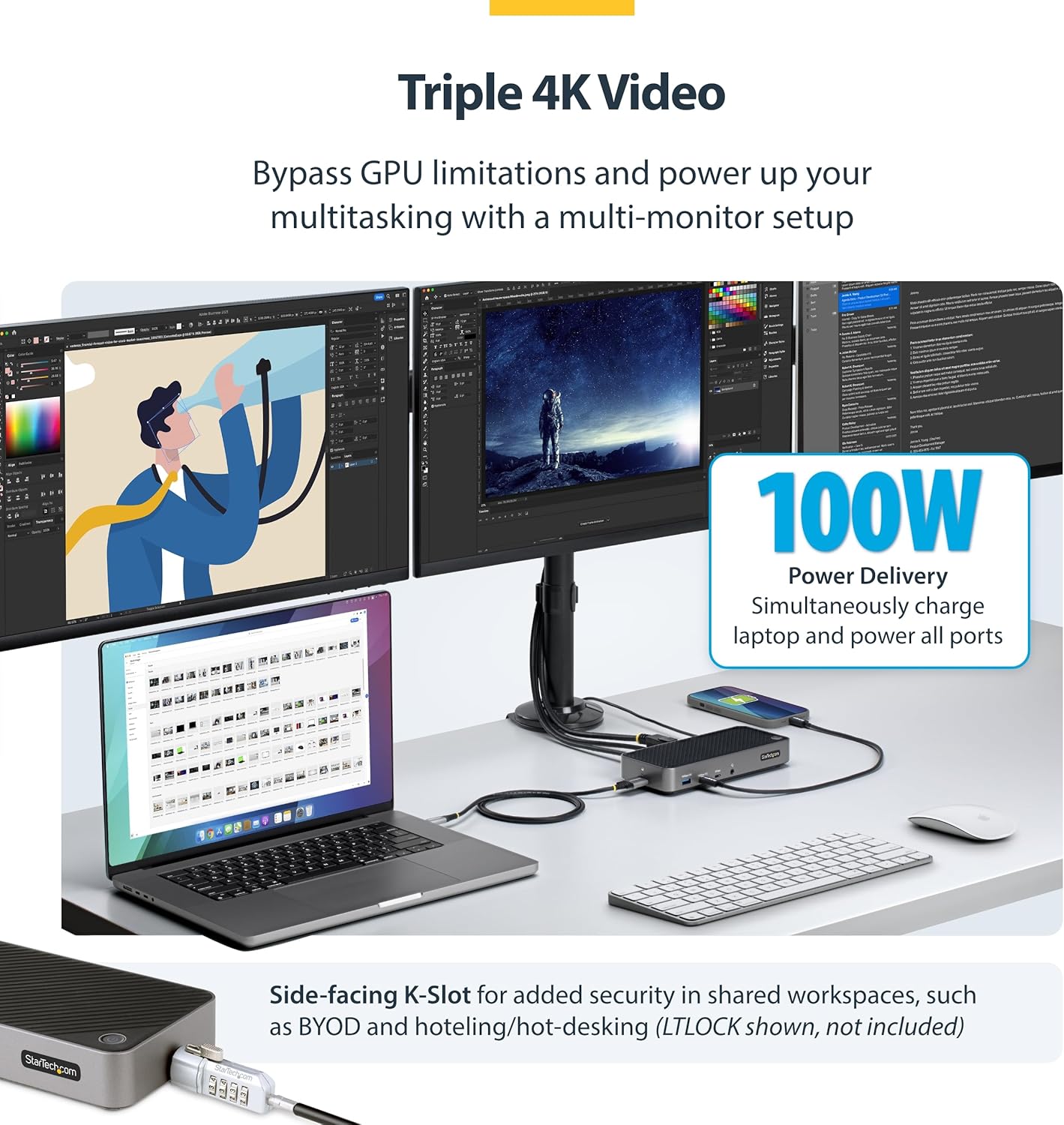 StarTech.com USB-C Triple Monitor Docking Station for MacBook Pro / Air M1 M2 M3 M4 & Windows, Universal 4K HDMI DP Dock, Thunderbolt Compatible, 100W Laptop Charging