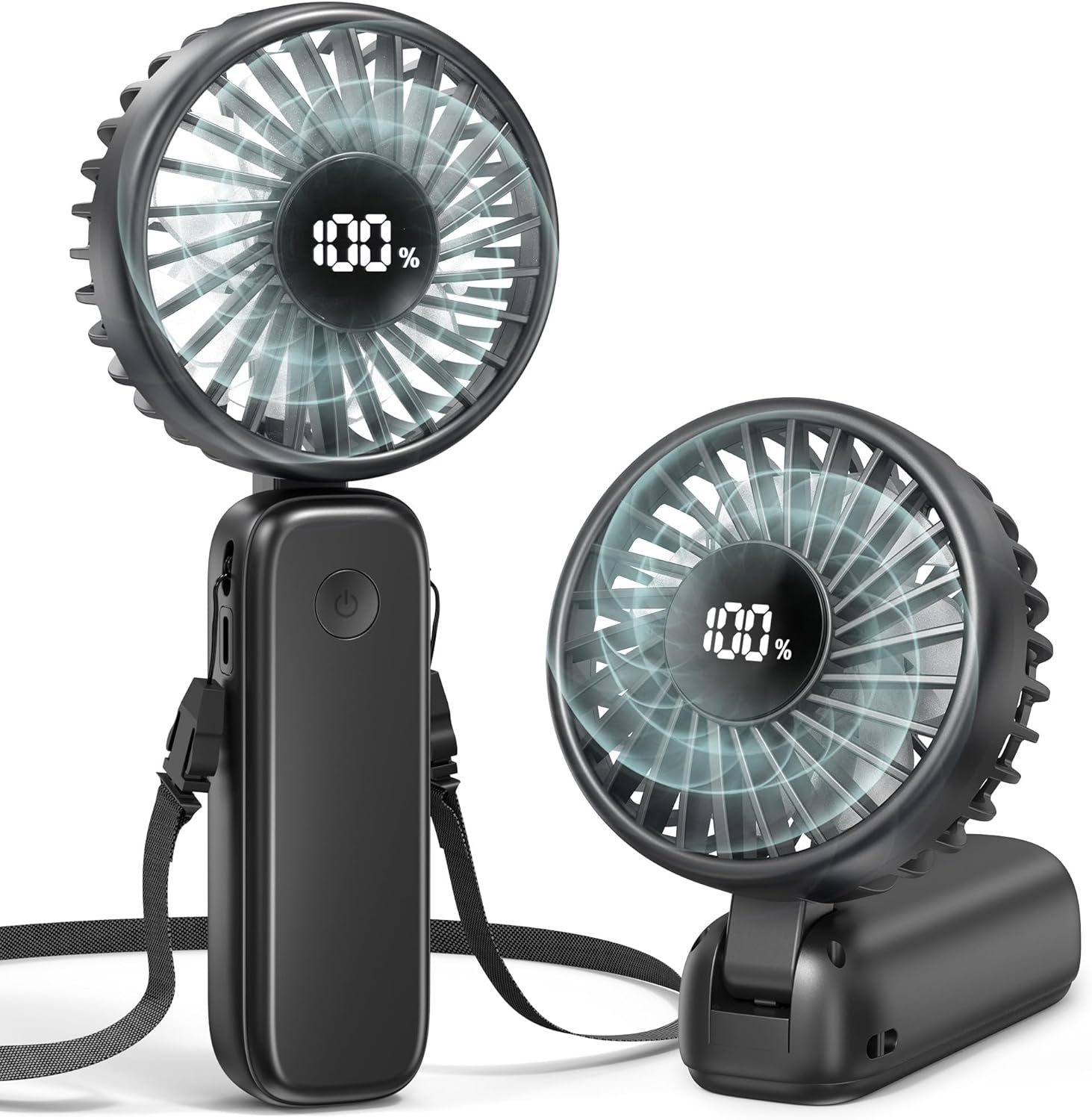 Portable Handheld Fan, 5000mAh Rechargeable Battery, Max 15H Cooling, 4 Speeds, LED Display, Foldable Design, 3-IN-1 Personal Pocket Fan with lanyard for Travel Outdoors Makeup Concert Commute