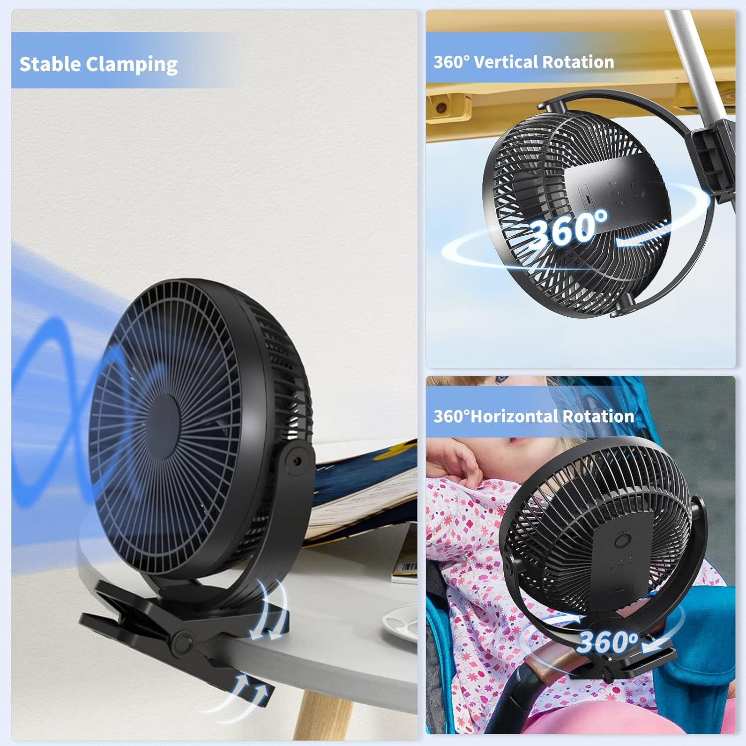 Clip on Fan, Rechargeable Portable Fan, 8 Inch Small Desk Fan - 10000mAh Battery Powered Fan with 4 Speed, 360° Rotation Personal Fan Suitable for Golf Cart, Bedroom, Travel and Camping (Black)