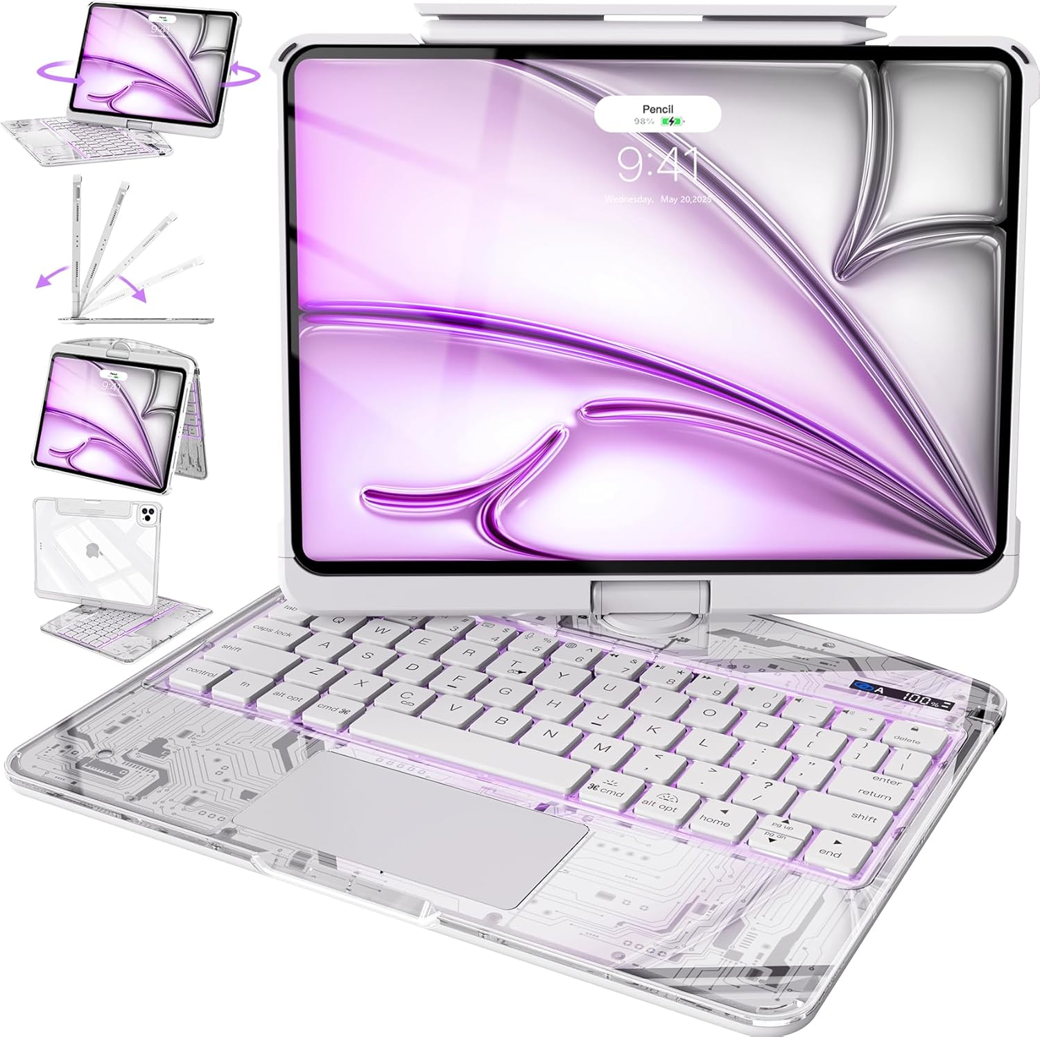 Intermerge Clear Keyboard Case for iPad Air 13" (M3/M2, 2025/2024) & Pro 12.9" (2022-2018) - 360° Rotatable Trackpad, RGB Backlit Keyboard, Pencil Holder, Power Indicator, Type-C, Frost Pulse