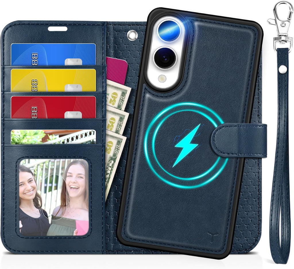 TUCCH Case Wallet for Galaxy S25 Edge, [Detachable] 2 in 1 Magnetic PU Leather Wrist Strap RFID Blocking Wireless Charging 4 Card Slot Stand Removable Shockproof Cover for Galaxy S25 Edge, Dark Blue