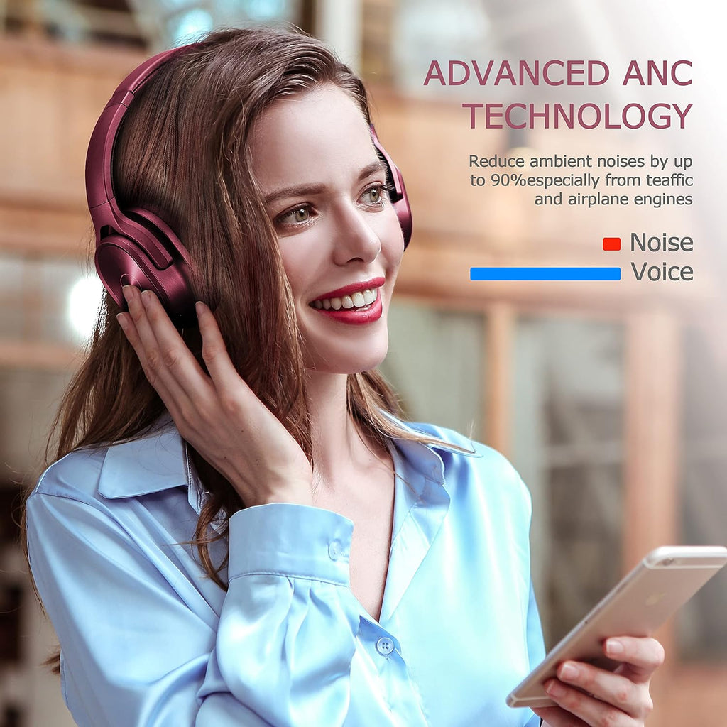 ZIHNIC Active Noise Cancelling Headphones, 40H Playtime Wireless Bluetooth Headset with Deep Bass Hi-Fi Stereo Sound,Comfortable Earpads for Travel/Home/Office (Red)