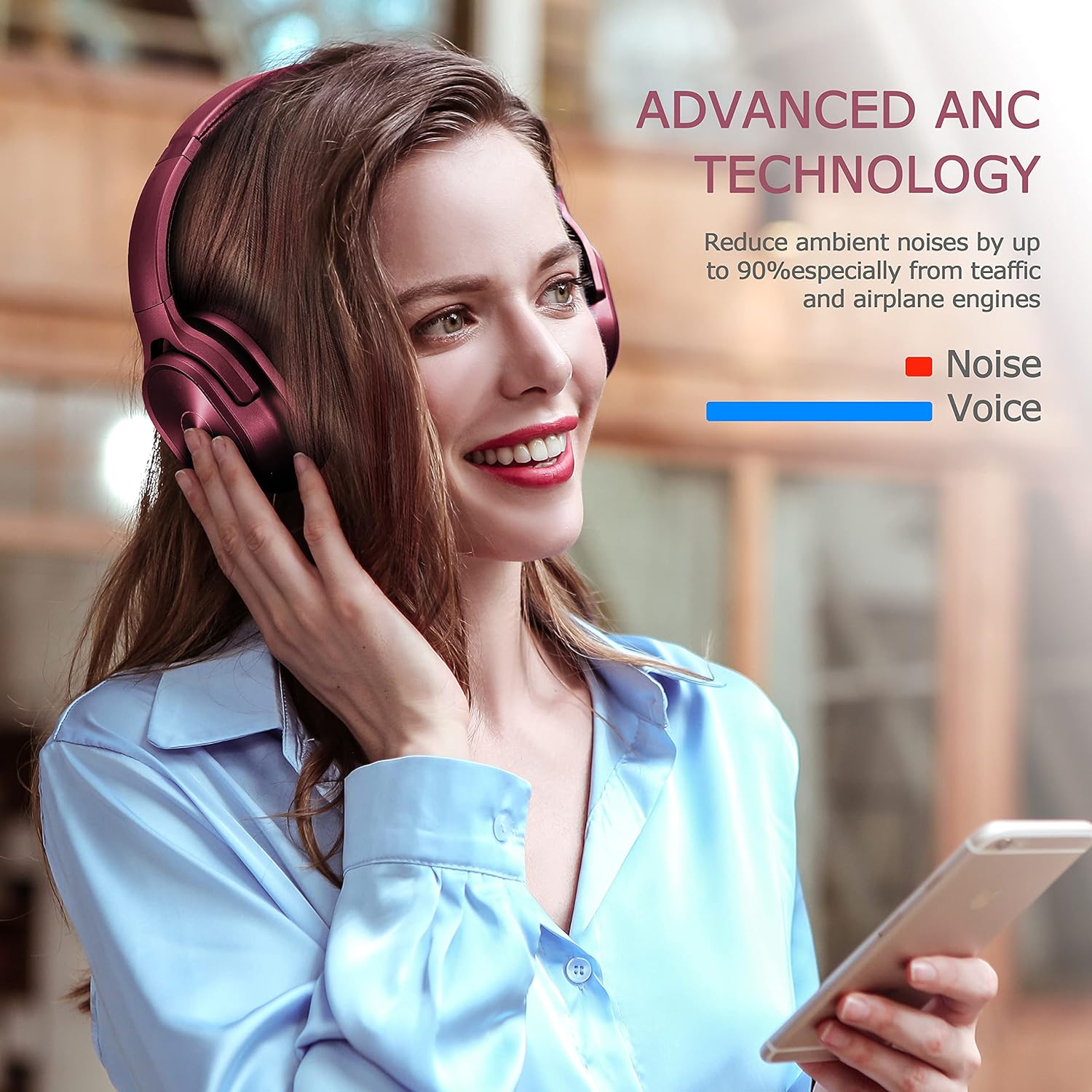 ZIHNIC Active Noise Cancelling Headphones, 40H Playtime Wireless Bluetooth Headset with Deep Bass Hi-Fi Stereo Sound,Comfortable Earpads for Travel/Home/Office (Red)
