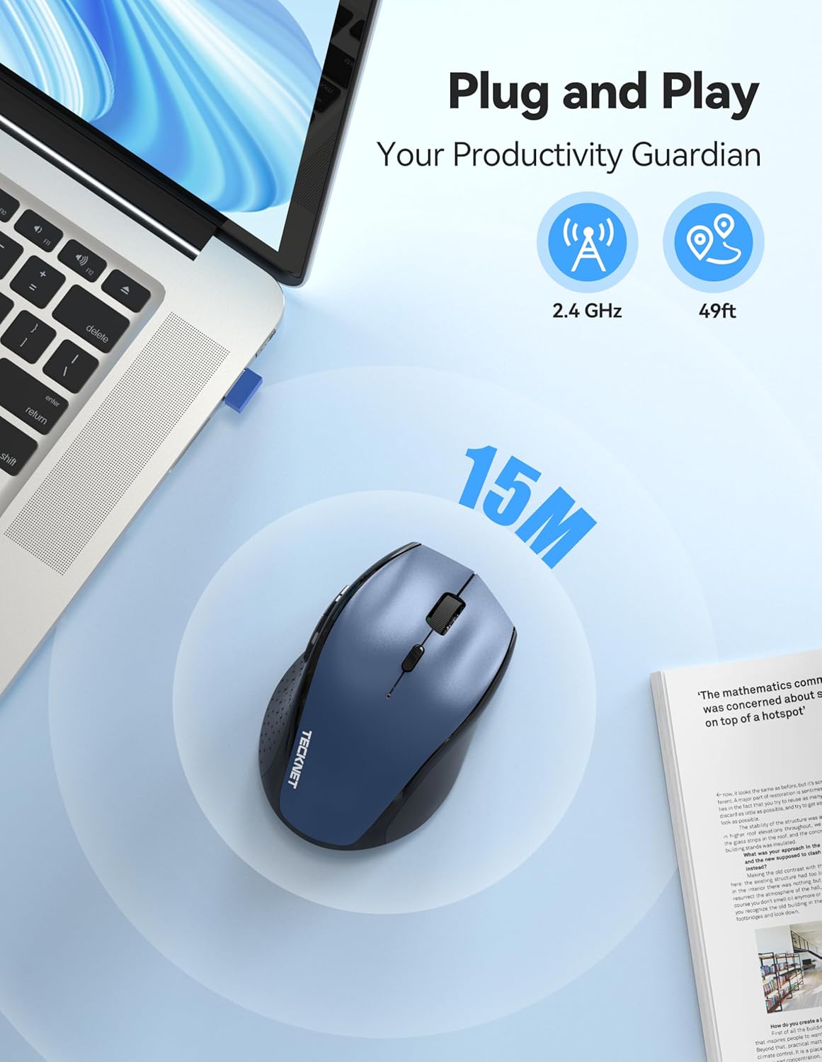 TECKNET Wireless Mouse Rechargeable,Mouse for Laptop Computer,2.4G USB Computer Mice Wireless,6 Button 6400 DPI Ergonomic Silent Mice,Portable Cordless Travel Mice-Wide Compatibility