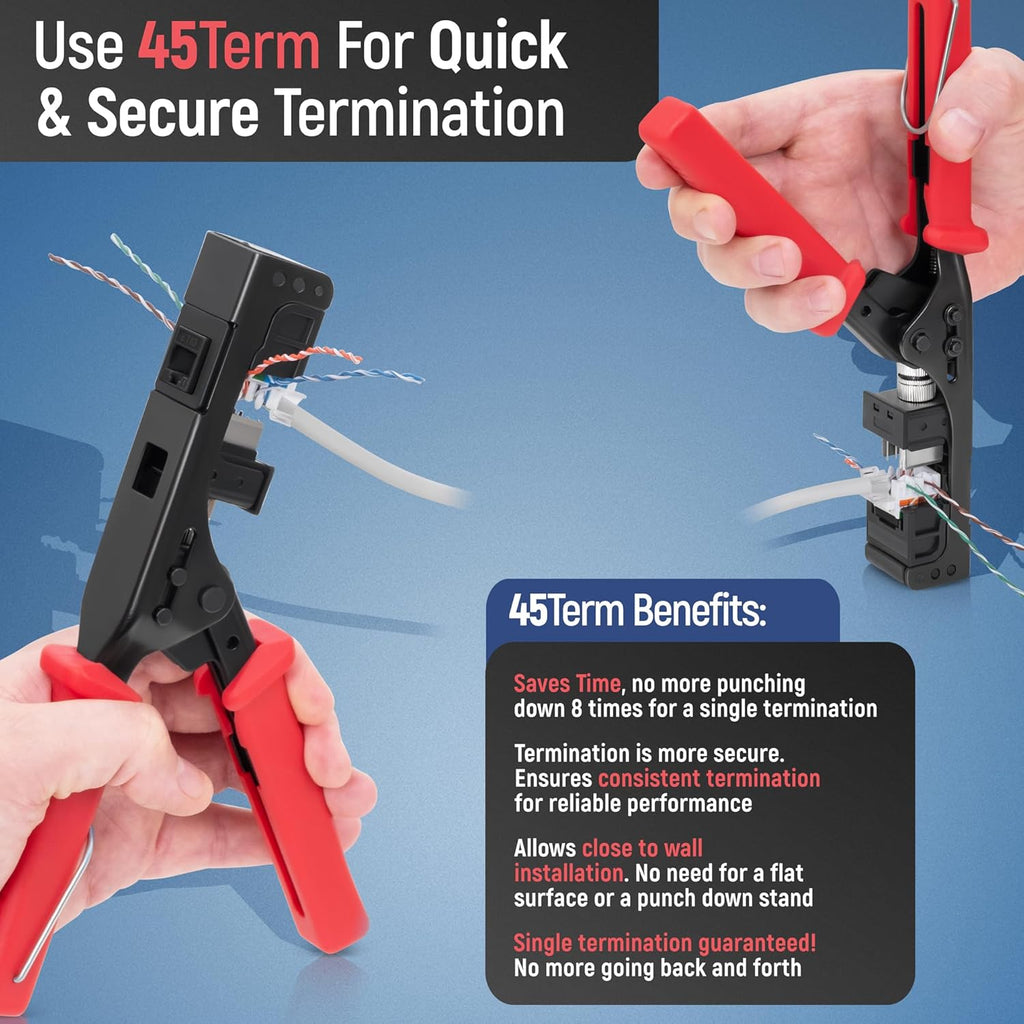 Everest easyJACK - 45° Angled Speed Termination Keystone Tool Set - with 20-Pack of RJ45 Cat6 Keystone Jacks in Black (Slim Profile Design) - Time Saver Network Punch Down Tool Cat6