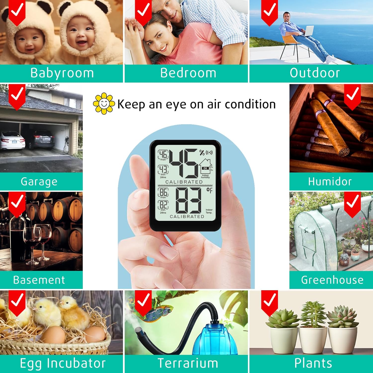 Antonki 2-Pack Room Thermometer, Digital Small Hygrometer Indoor Thermometer Humidity Gauge, Temperature Humidity Meter with Max/Min Record Monitor Sensor for Home, Plants - Battery Included
