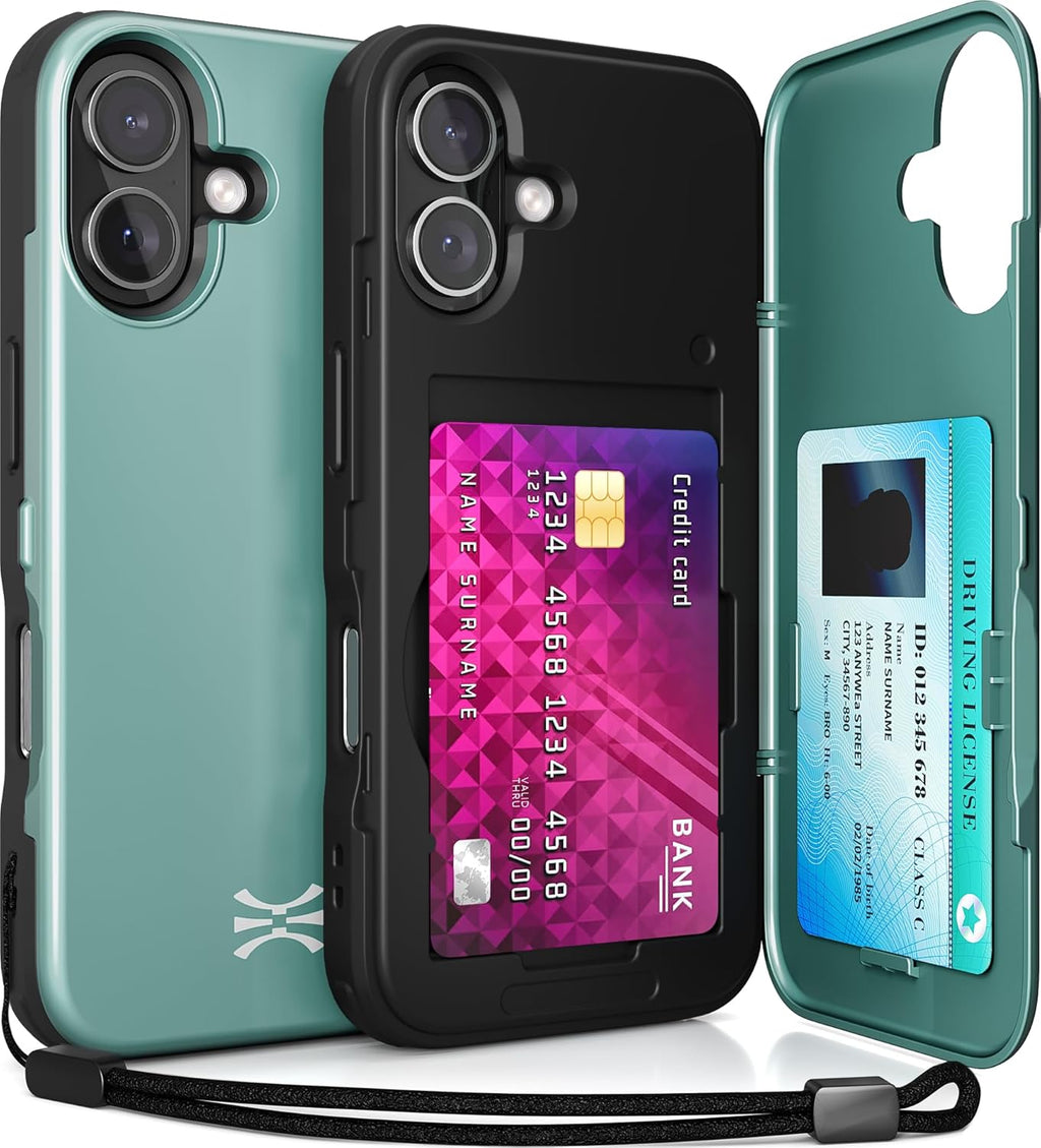 TORU CX Slim for iPhone 16 Case Wallet | Protective Shockproof Heavy Duty Cover with Hidden Card Holder & Card Slot | Mirror & Wrist Strap Included - Green