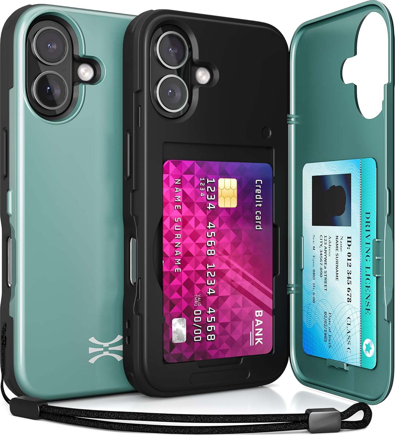 TORU CX Slim for iPhone 16 Case Wallet | Protective Shockproof Heavy Duty Cover with Hidden Card Holder & Card Slot | Mirror & Wrist Strap Included - Green