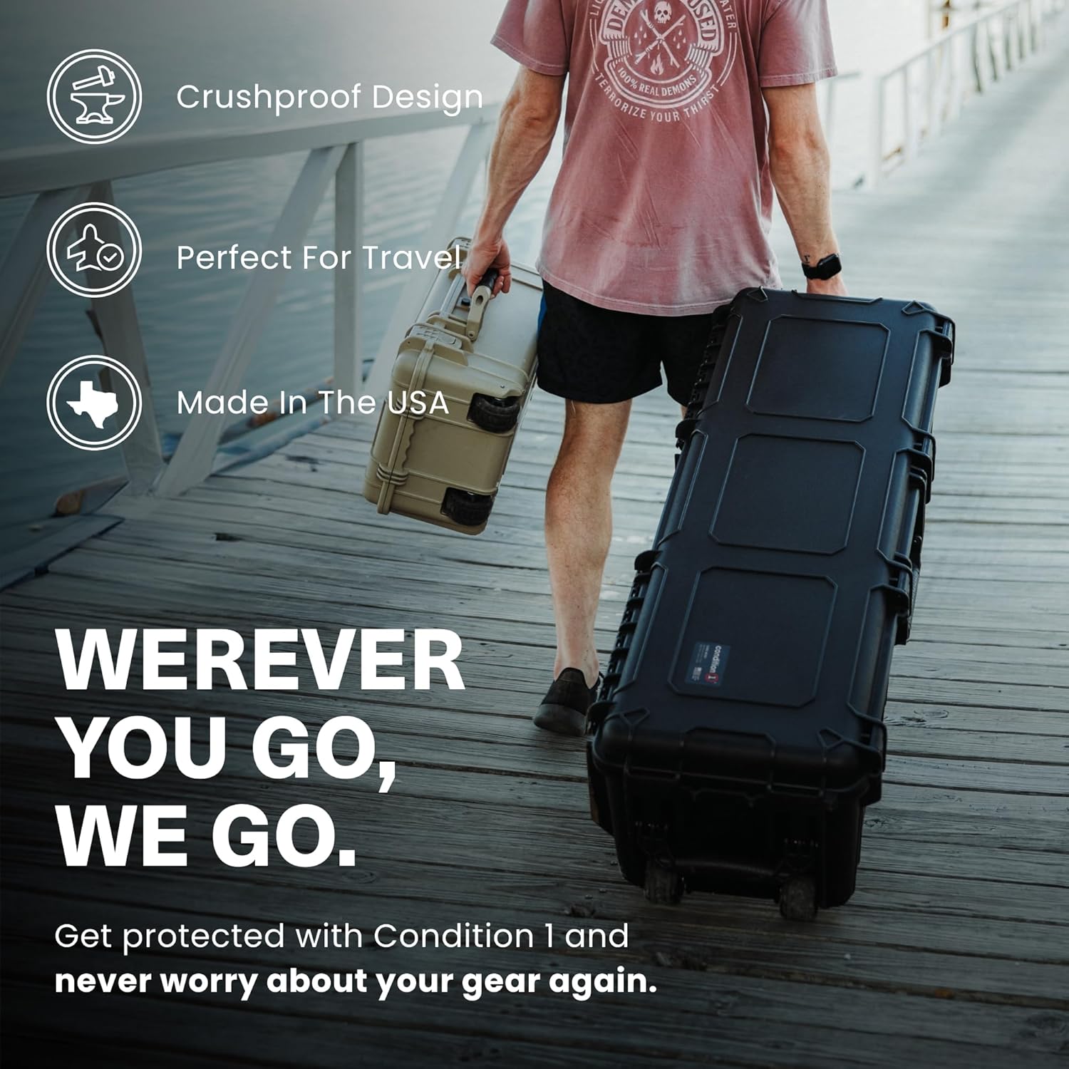 Condition 1 45" Long Hard Shell Carrying Case Model 2191 with Wheels, Waterproof, Protective, Storage for Music Equipment, Camera, Travel Case, Made in USA, 44.52"x16.30"x12.90" Black