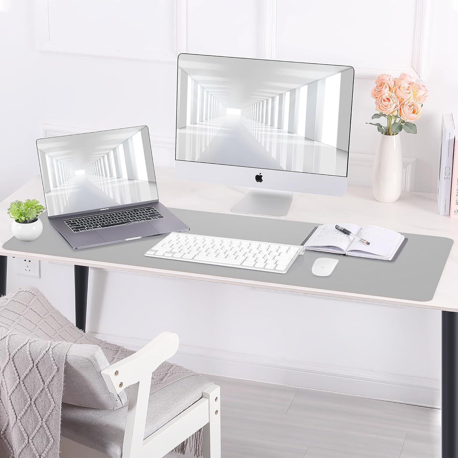 Desk Mat,35.4" x 17" Leather Desk mat,Double-Sided Desk Pad,Desk matt for Desktop,Large Mouse Pad,Office Desk mat,Waterproof Desk Blotter pad for Office&Home(Light Grey+Cork)