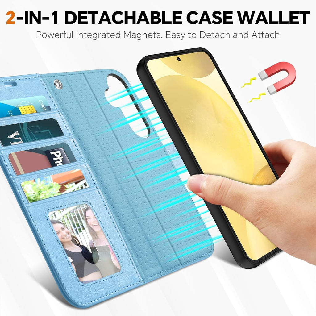TUCCH Case Wallet for Galaxy S25 Plus, Removable [2 in 1] [Wireless Charging] Wrist Strap PU Leather Magnetic Stand RFID Blocking [4 Card Slot] Detachable Folio for Galaxy S25 Plus, Pearly Light Blue