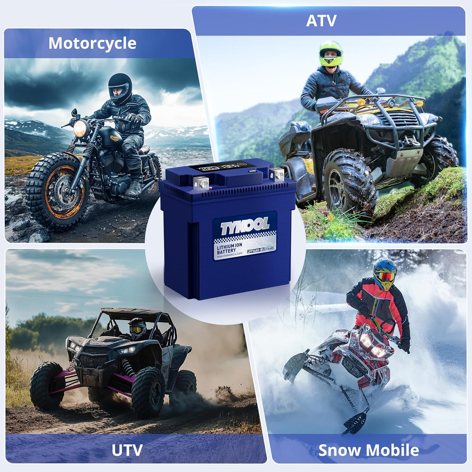 TYKOOL YTX14AH-BS High Performance LiFePO4 Lithium ATV Battery,12V 8Ah,480CCA,5X Longer Life,Digital Readout,Fits for Polaris Sportsman 500 ATV,UTV,Motorcycle, Snow mobile,Polarity:[+ -]