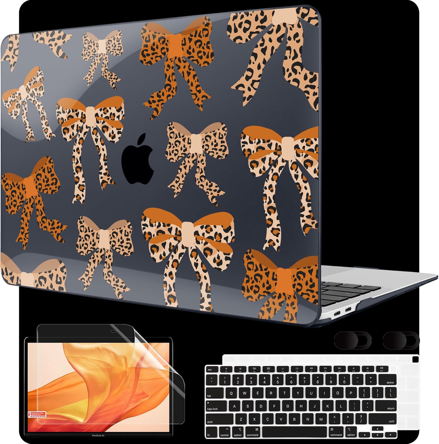 MEEgoodo for MacBook Air 13 inch Case 2021 2020 2019 2018 A2337 M1 A2179 A1932 with Touch ID, Plastic Hard Shell & Keyboard Cover Compatible with MacBook Air Case 13.3,Ribbon Bow with Leopard Skin