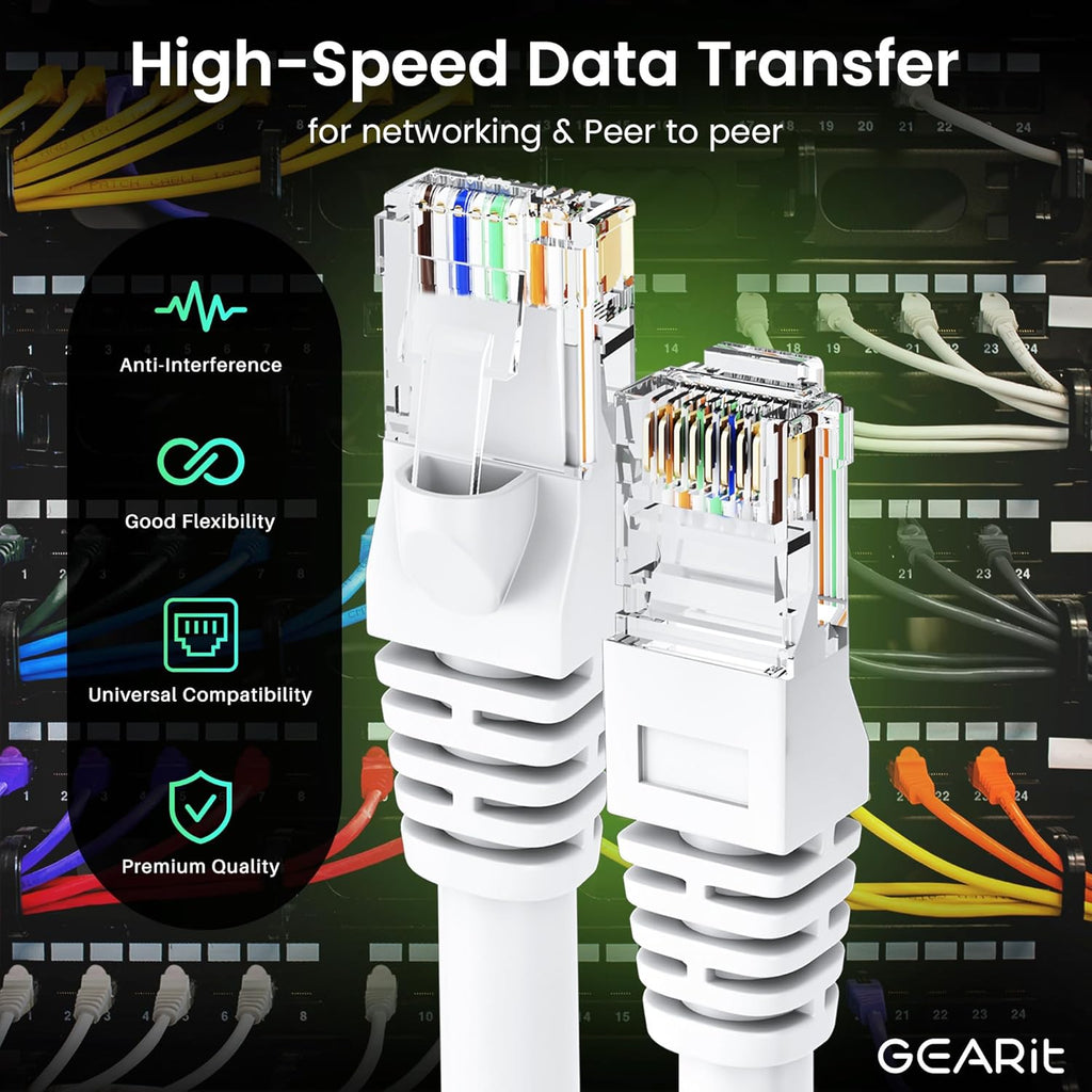 GEARit Cat 6 Ethernet Cable (10-Pack 5 Feet) Cat6 Network Patch, 10Gbps, RJ45, Snagless Cord, Gold-Plated Connectors, Internet for PC, TV, Tablet, Router, Printer, Servers, IT Data Center - White