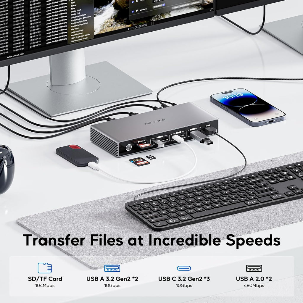 Displaylink Docking Station, PULWTOP USB C DisplayLink Dock Triple Displays for MacBook M1/M2/M3/M4 Windows, 8K/4K@60Hz Displaylink Dock with 3HDMI, 3 Display Port, PD 30W,USB A/C 10Gbps, Ethernet