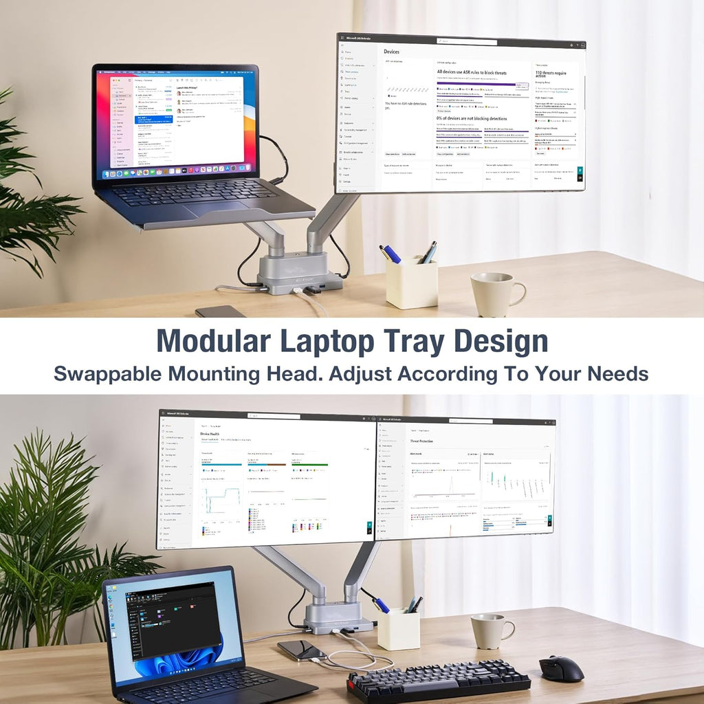 AVLT Dual 17”-38" Monitor Arm Desk Mount with 17" Laptop Tray and USB-C Docking Station, HDMI 4K60Hz, USB-A 5Gbps, Ethernet, 100W PD, Fits Two Flat/Curved Monitor - Gray