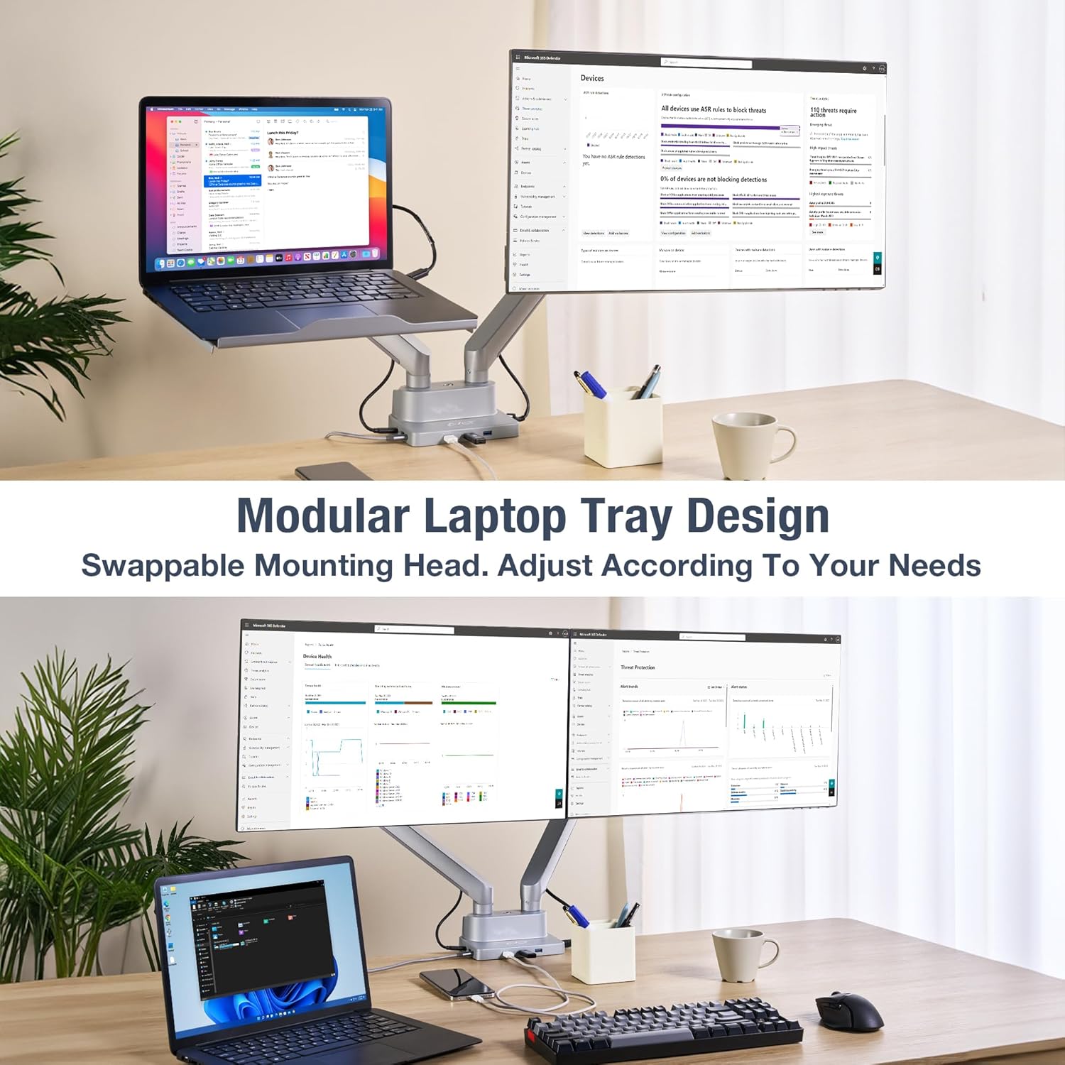 AVLT Dual 17”-38" Monitor Arm Desk Mount with 17" Laptop Tray and USB-C Docking Station, HDMI 4K60Hz, USB-A 5Gbps, Ethernet, 100W PD, Fits Two Flat/Curved Monitor - Gray