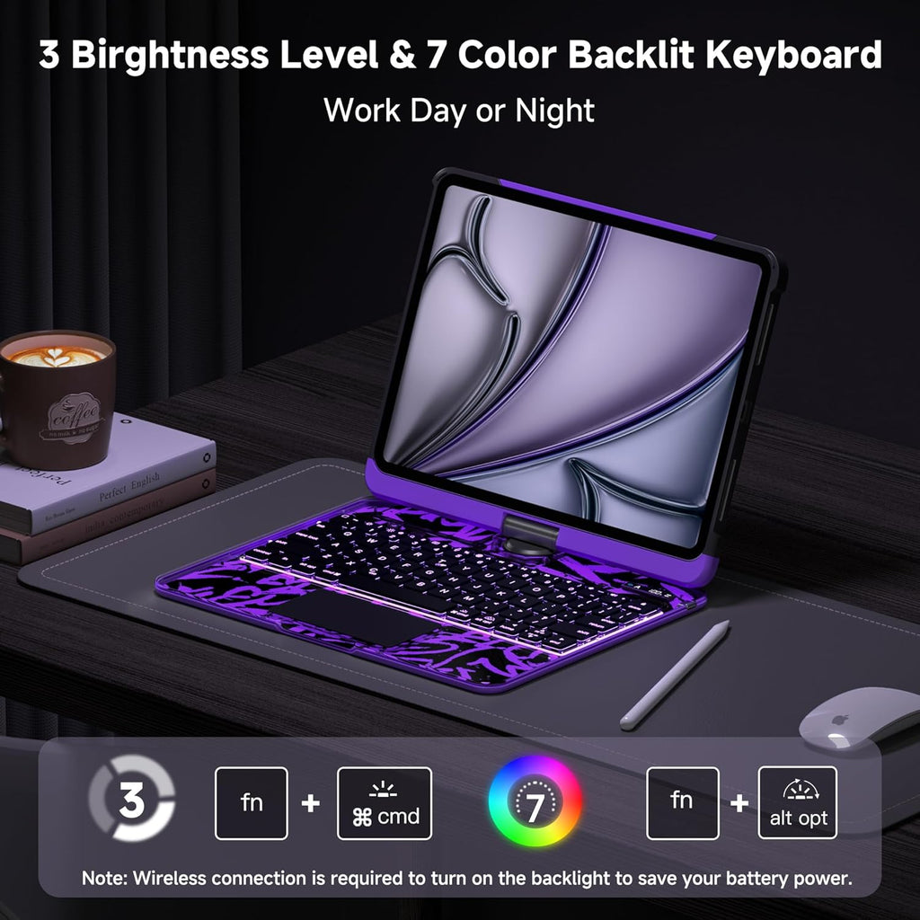iPad Keyboard Case for iPad 10th Gen (2022) & 11th (A16, 2025), Magic Wireless Keyboard with Trackpad 7 Color Backlit 360° Rotating Stand Transparent Protective Cover with Pencil Holder (Purple)