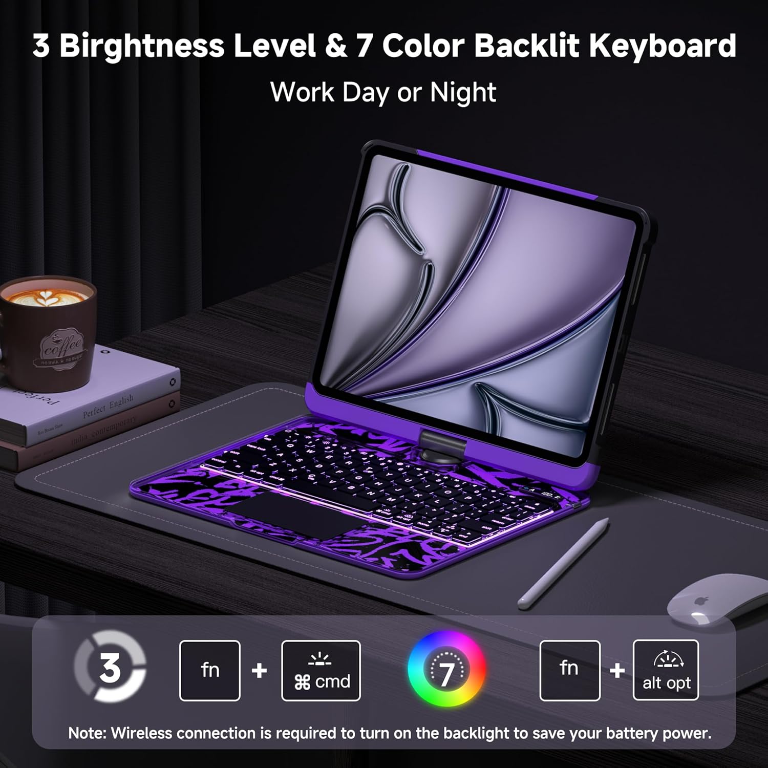 iPad Keyboard Case for iPad 10th Gen (2022) & 11th (A16, 2025), Magic Wireless Keyboard with Trackpad 7 Color Backlit 360° Rotating Stand Transparent Protective Cover with Pencil Holder (Purple)