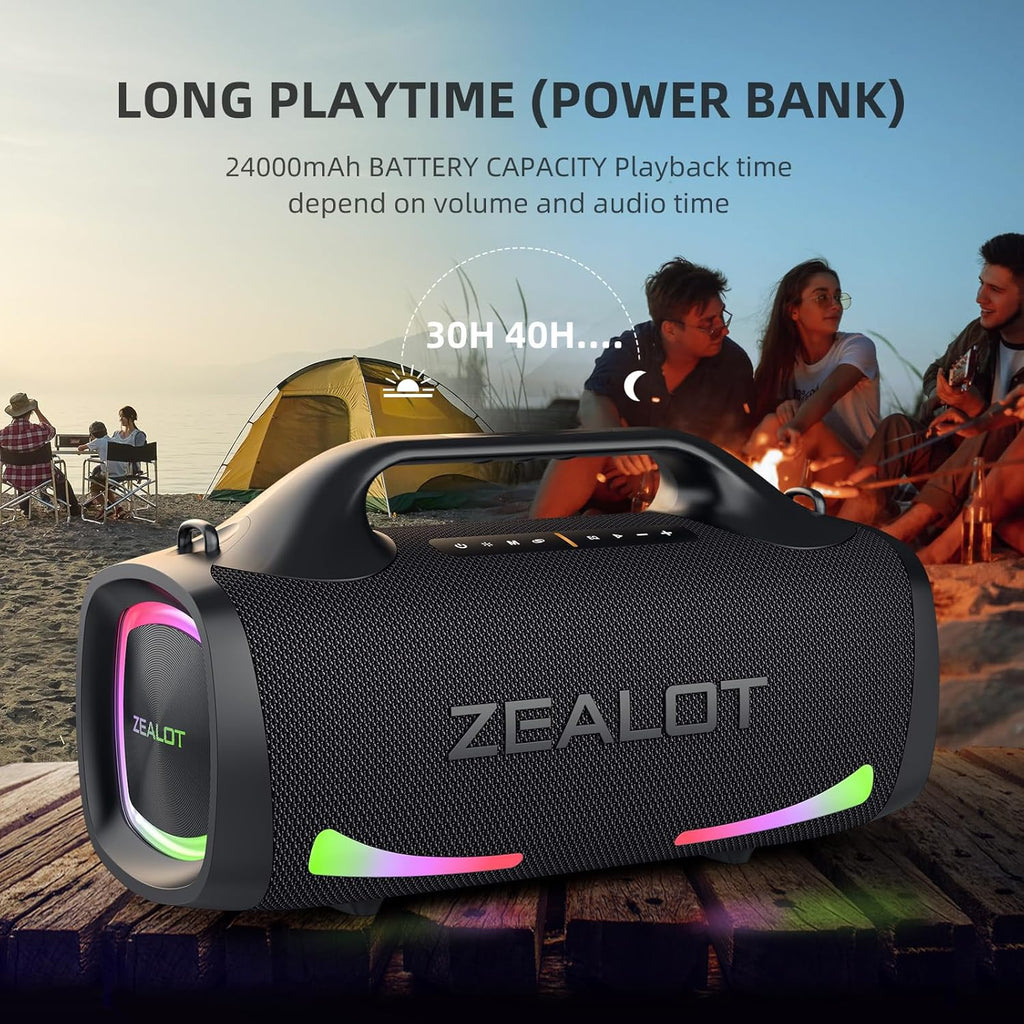 ZEALOT Bluetooth Speaker, 110W Peak(100W) Booming Sound Speakers Wireless, Dual Pairing, XBass, Bluetooth 5.3, 24000mAh Power Bank, Portable Outdoor Waterproof Speaker for Camping, Beach and Party
