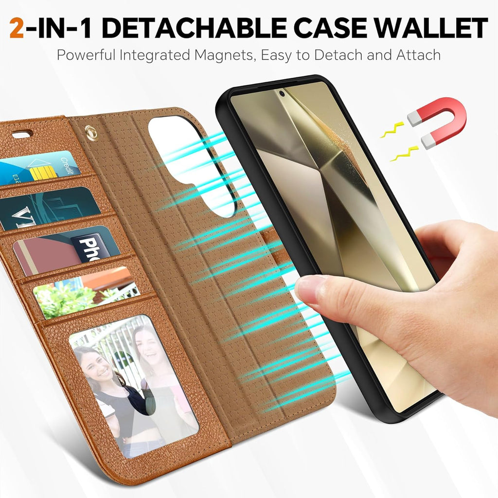 TUCCH Wallet Case for Galaxy S25 Ultra, Removable 2 in 1 RFID Blocking [4 Card Slots] Wrist Strap [Wireless Charging] Kickstand PU Leather Magnetic Detachable Folio Cover for Galaxy S25 Ultra, Brown