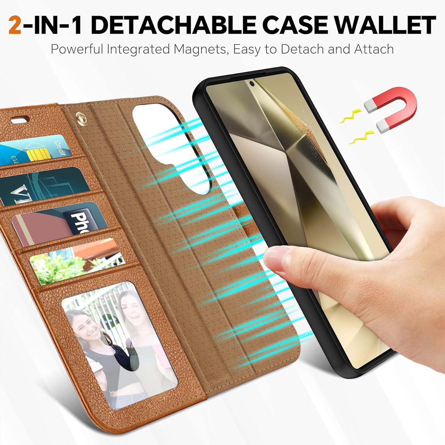 TUCCH Wallet Case for Galaxy S25 Ultra, Removable 2 in 1 RFID Blocking [4 Card Slots] Wrist Strap [Wireless Charging] Kickstand PU Leather Magnetic Detachable Folio Cover for Galaxy S25 Ultra, Brown