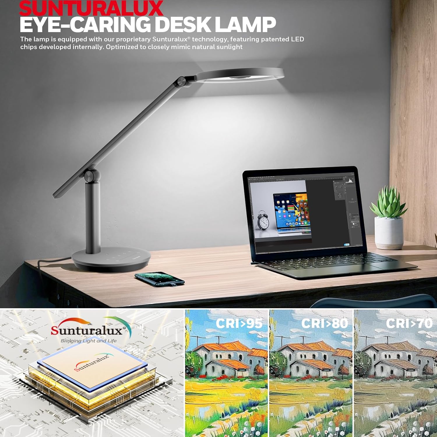 Honeywell Desk Lamp for Home Office, H6 Sunturalux™ Eye-Caring Led Desk Light, 800LM Dimmable Desk Lamp with Timer, Touch Control Tall Desk Reading Light, Table Lamp for Circle Webcam, Study, Bedroom