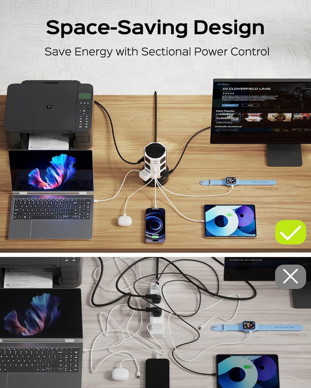 【10ft】 Power Strip Tower JACKYLED Surge Protector Electric Charging Station with 13A 12 Outlets 6 USB Ports Heavy Duty Extension Cord for Home Office Computer Nightstand Laptop Phone White Black