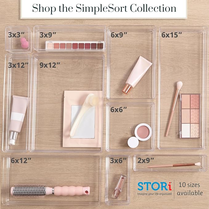 STORi SimpleSort 3-Piece Stackable Clear Drawer Organizer, Wide Makeup Vanity - Image 8