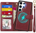 TUCCH Case Wallet for Galaxy S25 Ultra, Detachable Wrist Strap [Wireless Charging] RFID Blocking 4 Card Holder, Removable Stand PU Leather Flip Shockproof Phone Cover for Galaxy S25 Ultra, Dark Red