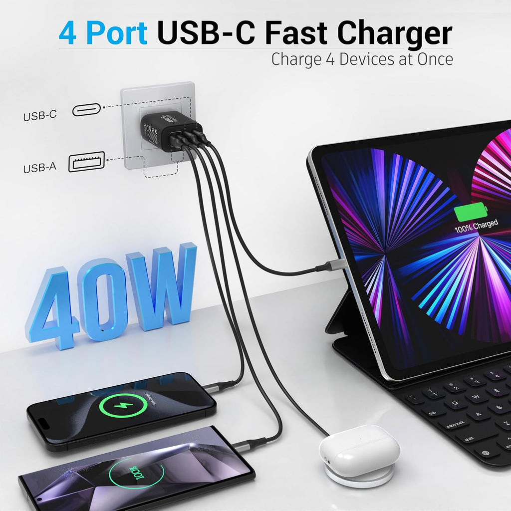 USB C Block 40W, 4 Ports Wall Plug Fast Charging Block, PD+QC Multiport Power Adapter USB C Charger Type C for iPhone 16,15,14,13,12,11, Pro Max, X, Xr, Xs, 8, 7, Watch, Galaxy Phones-Black 1Pack