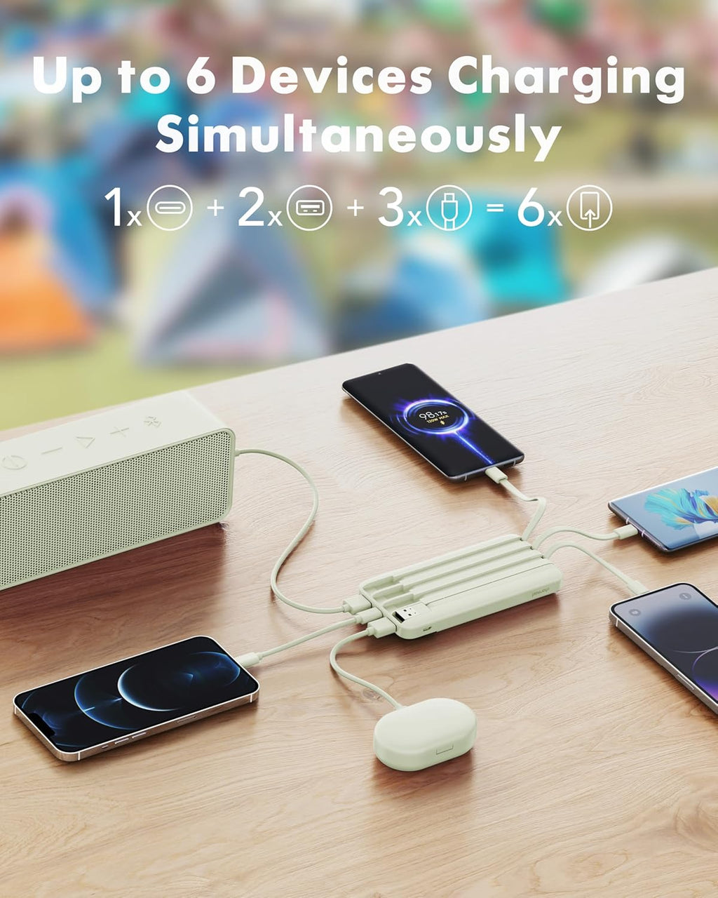 Charmast Portable Charger with Built in Cables, Power Bank with Cords Wires, Slim 10000mAh Travel Battery Pack 6 Outputs 3 Inputs 3A Fast Charging for Samsung Google Pixel LG Moto iPhone iPad
