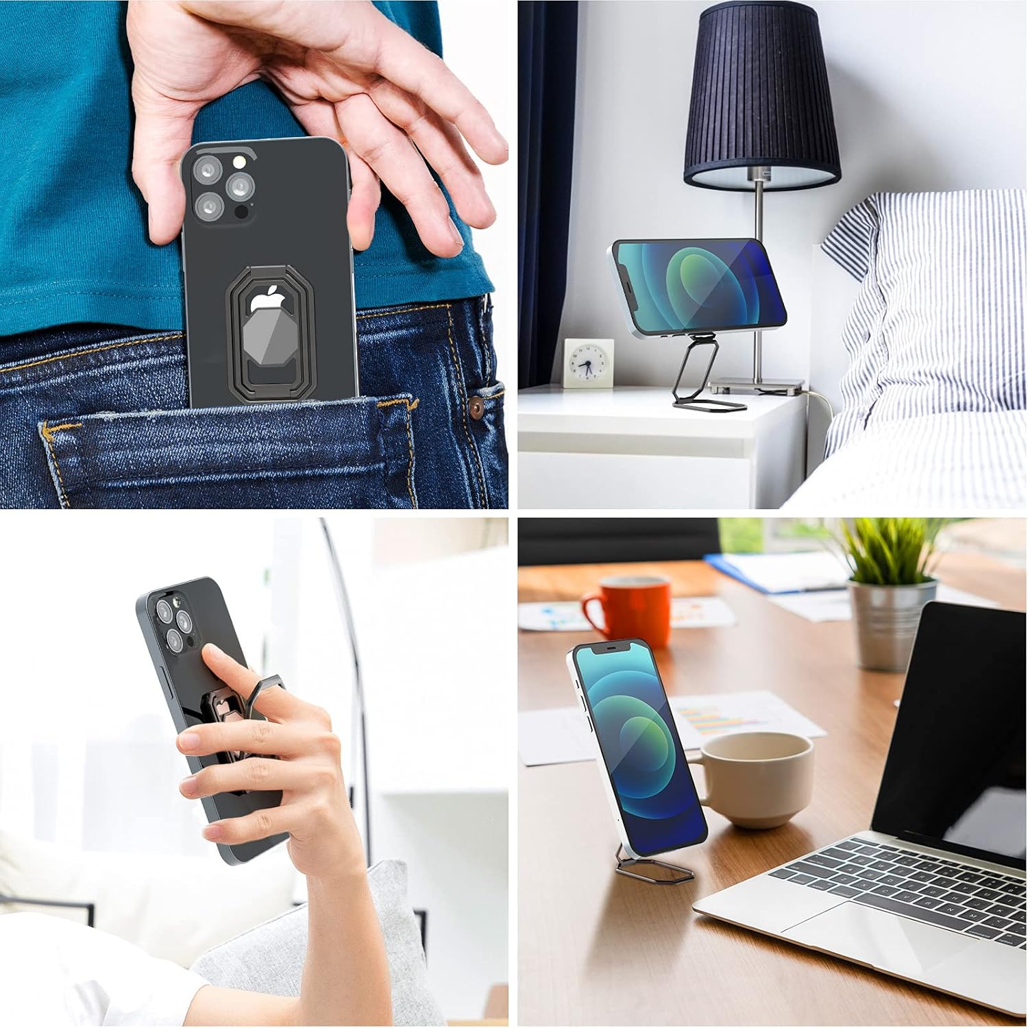 Phone Ring Holder Finger Kickstand, Upgraded 360° Rotation Metal Phone Grip for Magnetic Car Mount Foldable Cell Phone Stand Compatible with Most Smartphones