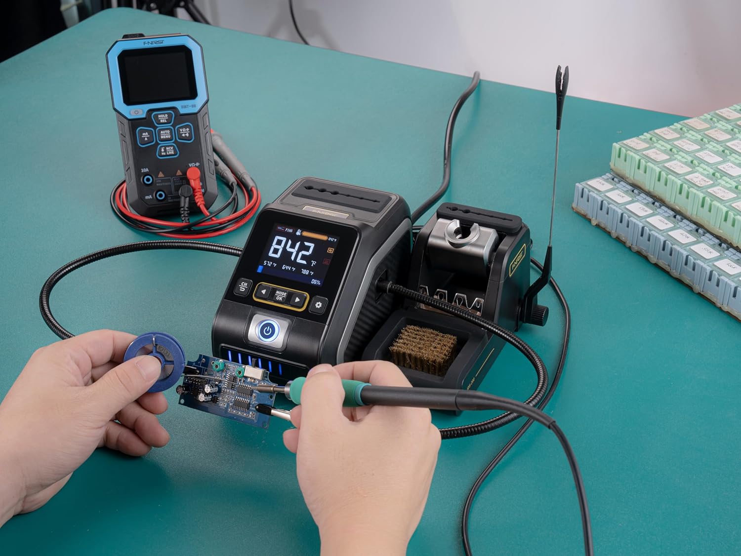 FNIRSI DWS-200 200W 210 Precision Digital Soldering Station Kit with 3 F210 Soldering Iron Tips and 2 Helping Hands, Temp Value & Curve Mode, 3 Temperature Storage, Full-Color Display