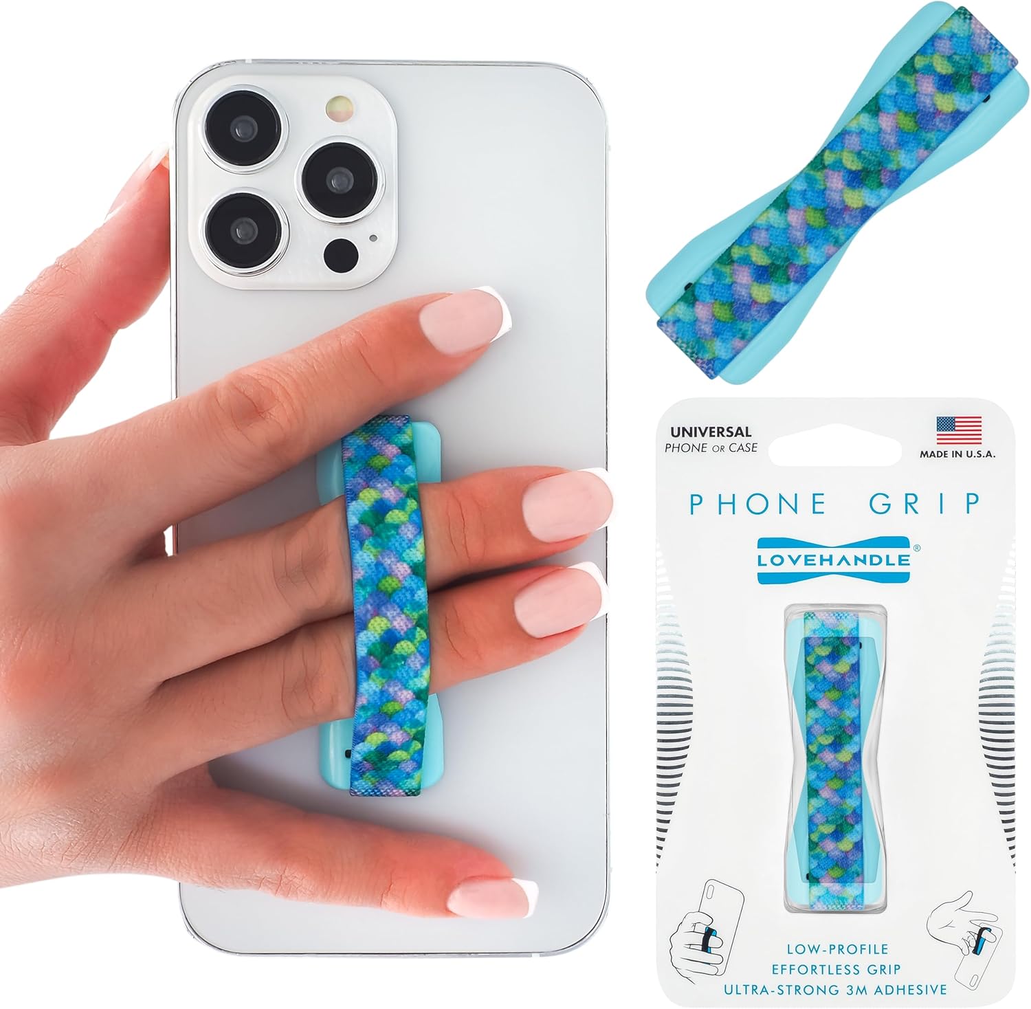 LOVEHANDLE Universal Phone Grip for Smartphones & Mini Tablets - Phone Holder for Hand - Wireless Charging Compatible - Made in The USA - Mermaid Scales