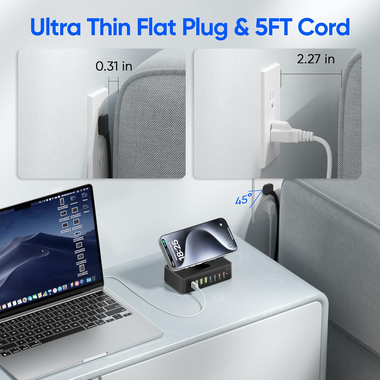 160W USB Charging Station Power Strip, 11-in-1 USB C Charger Block, 2AC Outlets with 8USB Ports(4USB-C), 5FT Flat Plug Extension Cord, Fast Charging Desktop Charger for Home Office Dorm Room, Black