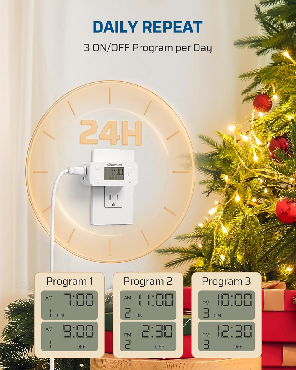 DEWENWILS 24 Hour Programmable Digital Timer Outlet, Timers for Electrical Outlets, Light Timer for Indoor Lamp Fan Aquarium, 1 Grounded Outlet, 125V/15A/1000W, 3 Prong, 1/2 HP, 1 Pack