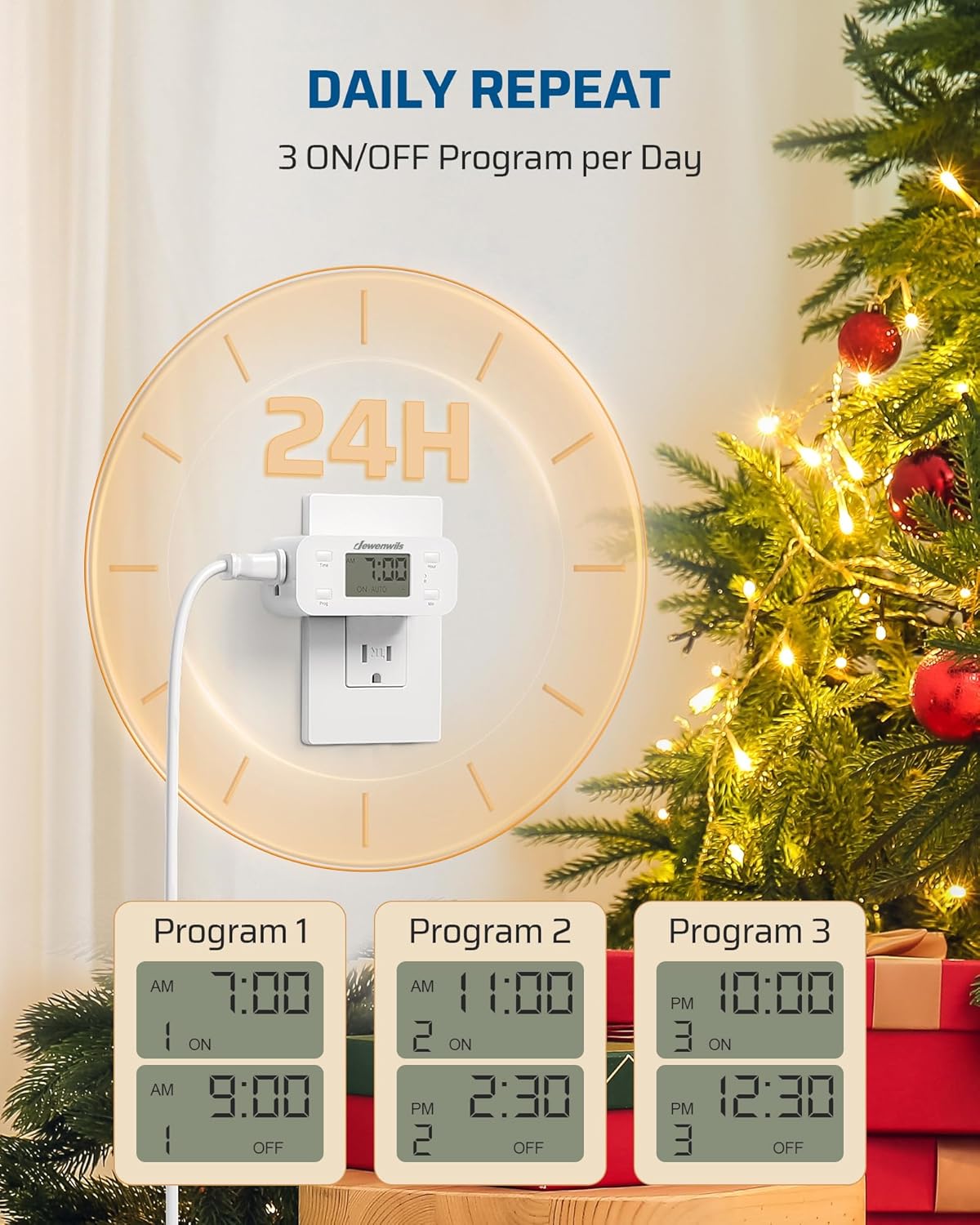 DEWENWILS 24 Hour Programmable Digital Timer Outlet, Timers for Electrical Outlets, Light Timer for Indoor Lamp Fan Aquarium, 1 Grounded Outlet, 125V/15A/1000W, 3 Prong, 1/2 HP, 1 Pack