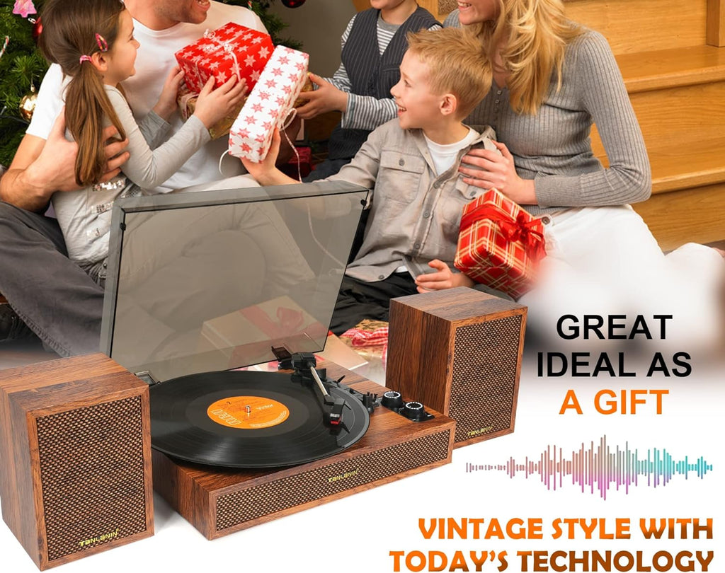 Vinyl Record Player with External Speakers, 3 Speed Bluetooth Turntable for Vinyl Records, Vintage Belt Drive Record Player with Stereo Speakers and Auto Stop, RCA Audio Out and Aux-in,Light Wood