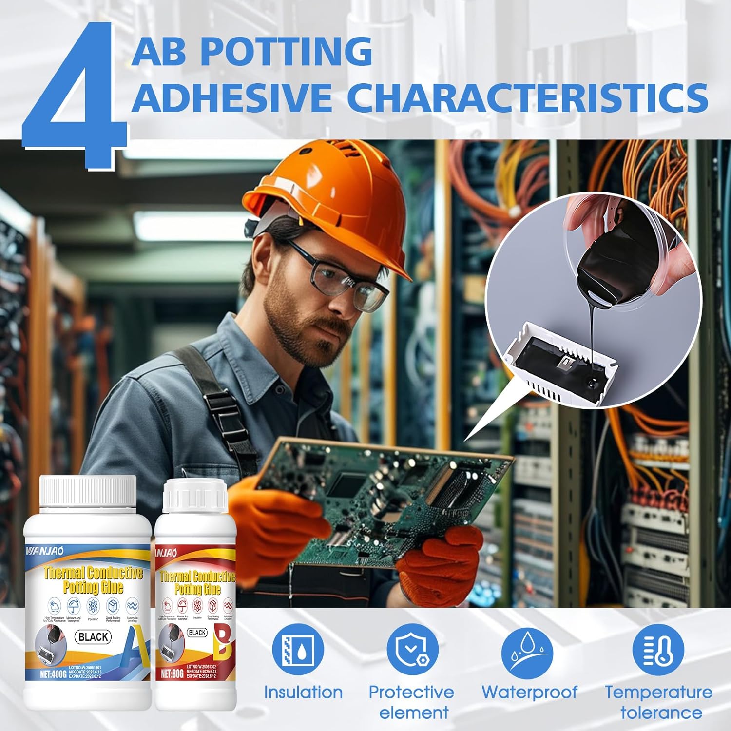 Electronic Potting Compound, Thermally Conductive Epoxy Thermal Adhesive Insulation Waterproof Sealant for Electronic Component Packaging Led Power Supply Circuit Board Protection, 480g A+B