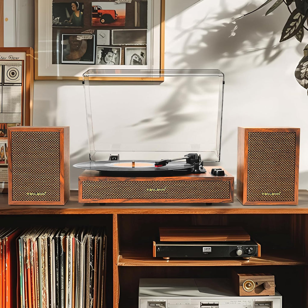 Vinyl Record Player with External Speakers, 3 Speed Vintage Stereo Turntable for Vinyl Records, Bluetooth Input, Auto Stop & Belt Driven System, RCA Out and Aux in - Brown Wood