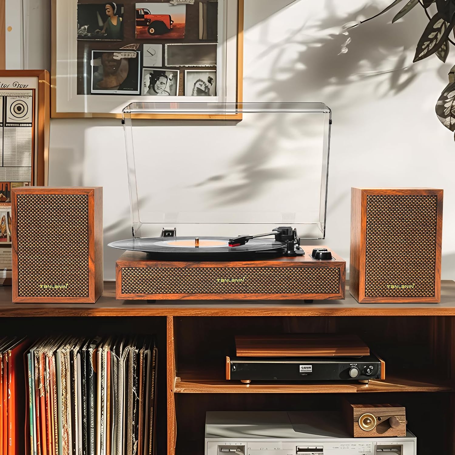 Vinyl Record Player with External Speakers, 3 Speed Vintage Stereo Turntable for Vinyl Records, Bluetooth Input, Auto Stop & Belt Driven System, RCA Out and Aux in - Brown Wood