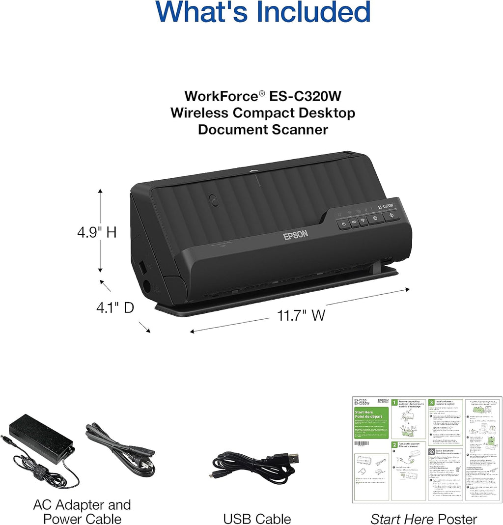 Epson - Workforce ES-C320W - Wireless Compact Desktop Document Scanner - 2-Sided Scanning and Auto Document Feeder - Paper and Card Scanner - Black