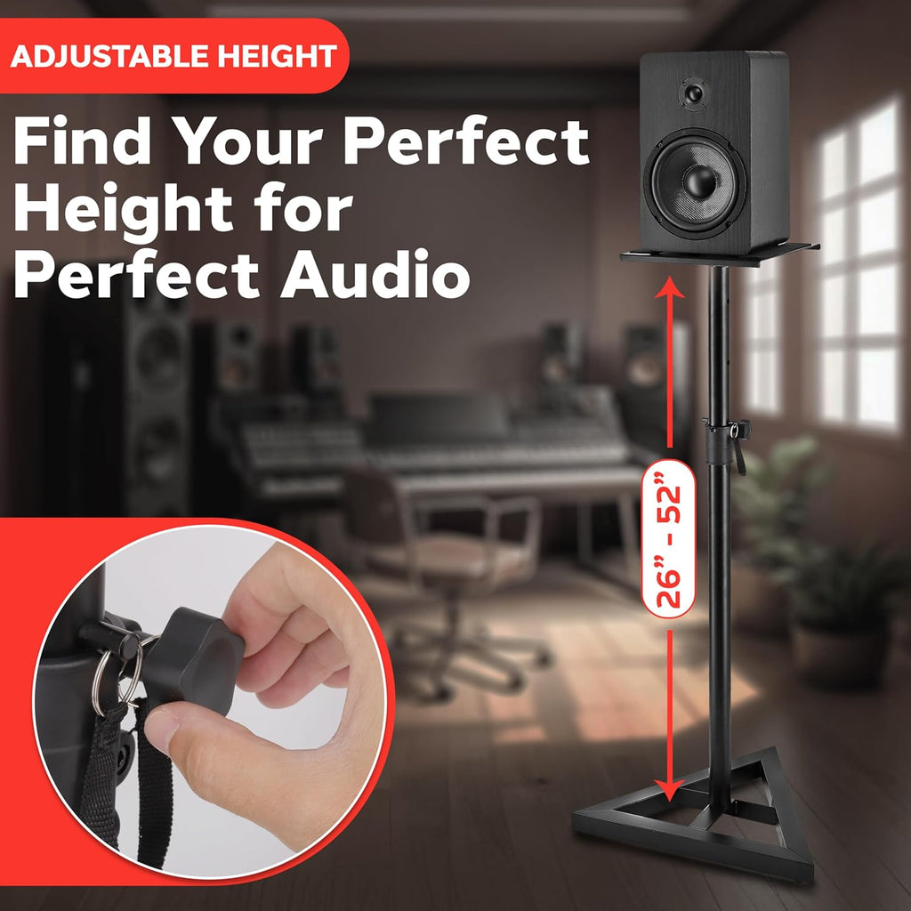Pyle Speaker Stand Pair of Sound - Play 1 and 3 Holder, Telescoping Height Adjustable from 26” - 52” Inch, High Heavy Duty Three-point Triangle Base w/ Floor Spikes and 9” Square Platform, Black